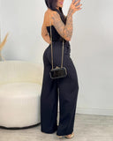 2 Pieces Outfit Bandeau Button Decor Vest Top and Casual Wide Leg Pants Set