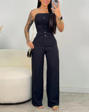 2 Pieces Outfit Bandeau Button Decor Vest Top and Casual Wide Leg Pants Set