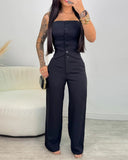 2 Pieces Outfit Bandeau Button Decor Vest Top and Casual Wide Leg Pants Set