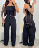 2 Pieces Outfit Bandeau Button Decor Vest Top and Casual Wide Leg Pants Set