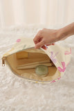 Beige Bow Knot Print Zipper Corduroy Large Cosmetic Bag