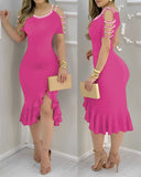 Cold Shoulder Beaded Bodycon Dress Ruffle Hem Slim Fit Party Dress