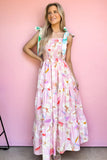 Pink Floral Print Knotted Shoulder Smocked Maxi Dress