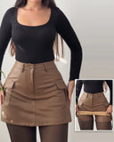 PU Casual High Waist A Line Skort with Pocket