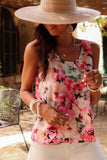 Pink Floral Round Neck Twisted Cut Out Back Tank Top