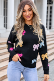 Black Valentine Bow Print Crew Neck Drop Shoulder Sweater