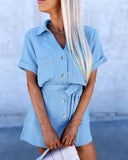 Turn down Collar Short Sleeve Above Knee Jumpsuit Tied Detail Front Button Rompers