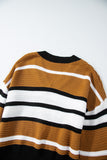 Brown Stripe Contrast Stripes V Neck Textured Knit Sweater