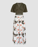 2 Pieces Outfit Plain V Neck Short Sleeve Ruched Top and Casual Floral Print Wide Leg Pants Set