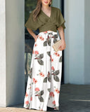 2 Pieces Outfit Plain V Neck Short Sleeve Ruched Top and Casual Floral Print Wide Leg Pants Set