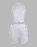 2 Pieces Summer Outfit Halter Sleeveless Hollow out Crop Tank and Casual Drastring Shorts Set