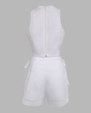 2 Pieces Summer Outfit Halter Sleeveless Hollow out Crop Tank and Casual Drastring Shorts Set