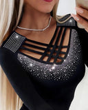 Rhinestone V Neck Slim Fit Long Sleeve Criss Cross Tee Elegant Top
