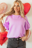 Phalaenopsis Solid Textured O Neck Puff Sleeve Blouse