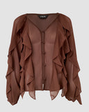 V Neck Shoulder Asymmetrical Ruffles Blouse Casual Button Front Long Sleeve Top