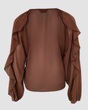 V Neck Shoulder Asymmetrical Ruffles Blouse Casual Button Front Long Sleeve Top