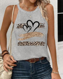 Leopard Print Heart Pattern Heart Sleeveless Tank Casual Loose Fit Top