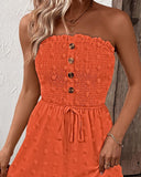 Polka Dot Bandeau Sleeveless Shirred Rompers Casual Button Decor Tied Detail Short Jumpsuit