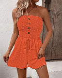 Polka Dot Bandeau Sleeveless Shirred Rompers Casual Button Decor Tied Detail Short Jumpsuit