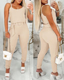 2 Piece U Neck Spaghetti Strap Top O Ring Belt Long Pants Ribbed Pants Set