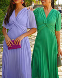Flutter Sleeve Twist V Neck Midi Dress Casual Waist A Line Pleated Dress