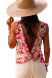 Pink Floral Round Neck Twisted Cut Out Back Tank Top