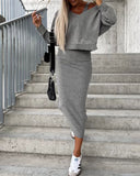 Deep V Neck Top & Sleeveless Dress Set