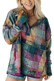 Multicolor Brushed Plaid Buttoned Pullover Oversized Hoodie