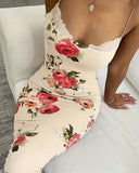Lace Trim Spaghetti Strap Floral Print Dress