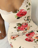 Lace Trim Spaghetti Strap Floral Print Dress
