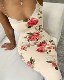 Lace Trim Spaghetti Strap Floral Print Dress