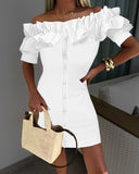 Off Shoulder Buttoned Ruffles A Line Shirt Dress