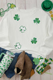 White Sequin Clover Patched Drop Shoulder Corded Sweatshirt