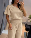 Bell Sleeve Ruched Top & High Waist Cuffed Pants Set