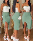 2 Pieces Colorblock Bandeau Strapless Top and Side Slit Slim Fit Skirt Set