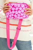 Rose Red Flower Print Wide Belt Buckle Zipper Crossbody Bag
