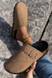 Light French Beige Suede Buckle Detail Slippers