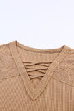 Apricot Lace Waffle Patchwork Strappy V Neck Long Sleeve Top