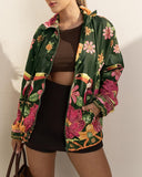 Tropical Print Drawstring Collar Long Sleeve Jacket Casual Pocket Design Loose Fit Coat