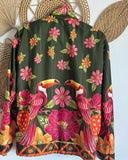 Tropical Print Drawstring Collar Long Sleeve Jacket Casual Pocket Design Loose Fit Coat