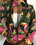 Tropical Print Drawstring Collar Long Sleeve Jacket Casual Pocket Design Loose Fit Coat