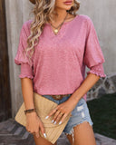 V Neck Half Lantern Sleeve Shirred  Blouse Casual Loose Fit Top