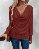 Cowl Neck Batwing Sleeve Ruched T Shirt Casual Slim Fit Top