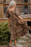 Brown Leopard Print Bubble Sleeve Square Neck Maxi Dress