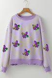 Purple Stripe Sequin Fleur De Lis Patched Drop Shoulder Long Sleeve Top