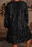 Color black Plus Size Bubble Sleeve V Neck Sequin Dress