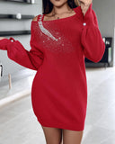 Rhinestone Pearls Decor Batwing Sleeve Knit Long Sleeve Dress