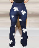 St. Patrick's Day Lucky Shamrock Print High Waist Flared Leg Jeans