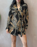 Tropical Print Notched Collar Long Sleeve Romper Casual Tied Detail Blazer Jumppsuit