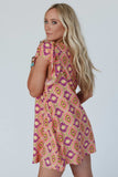 Orange Geometric Floral V Neck Buttoned Ruffled Sleeve Mini Dress